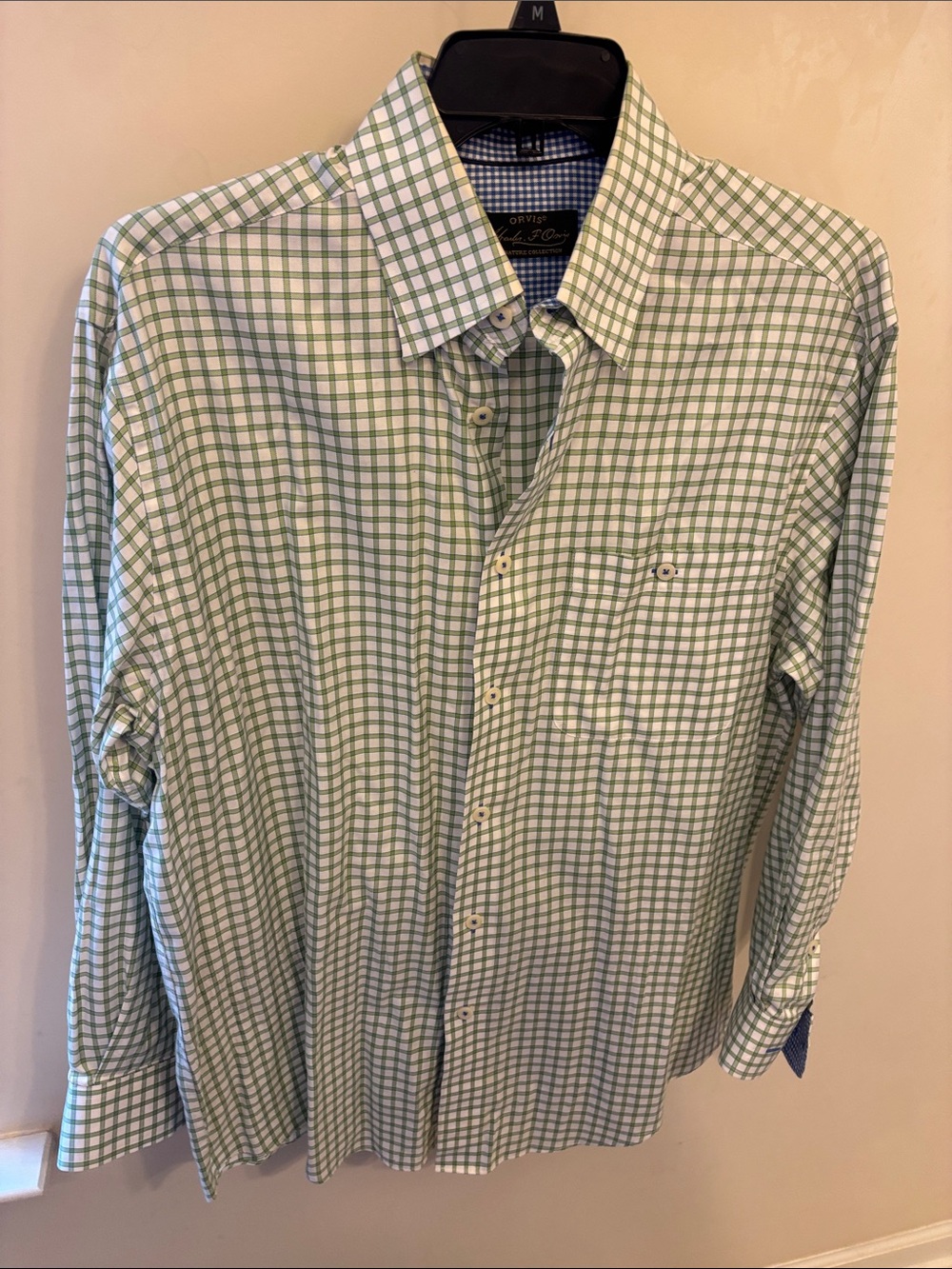 Orvis Men’s Light Green and White Checked Button-Down Shirt